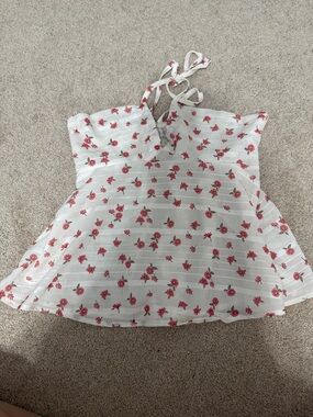 aerie White Floral Tie-Strap Peplum Camisole